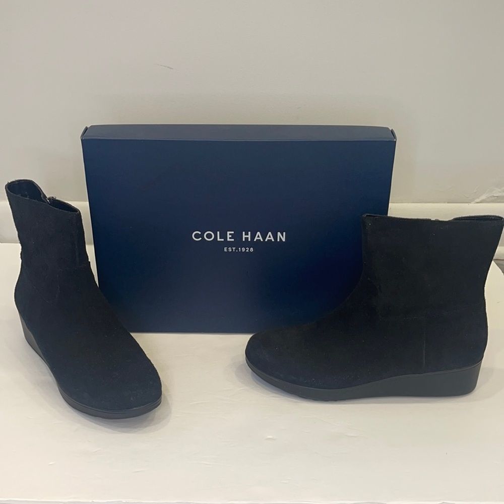 New Cole Haan Black Suede Wedge Boots 7.5